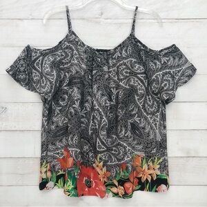 Lux II Cold Shoulder Short Sleeve Blouse • Paisley Floral • Sz M • EUC